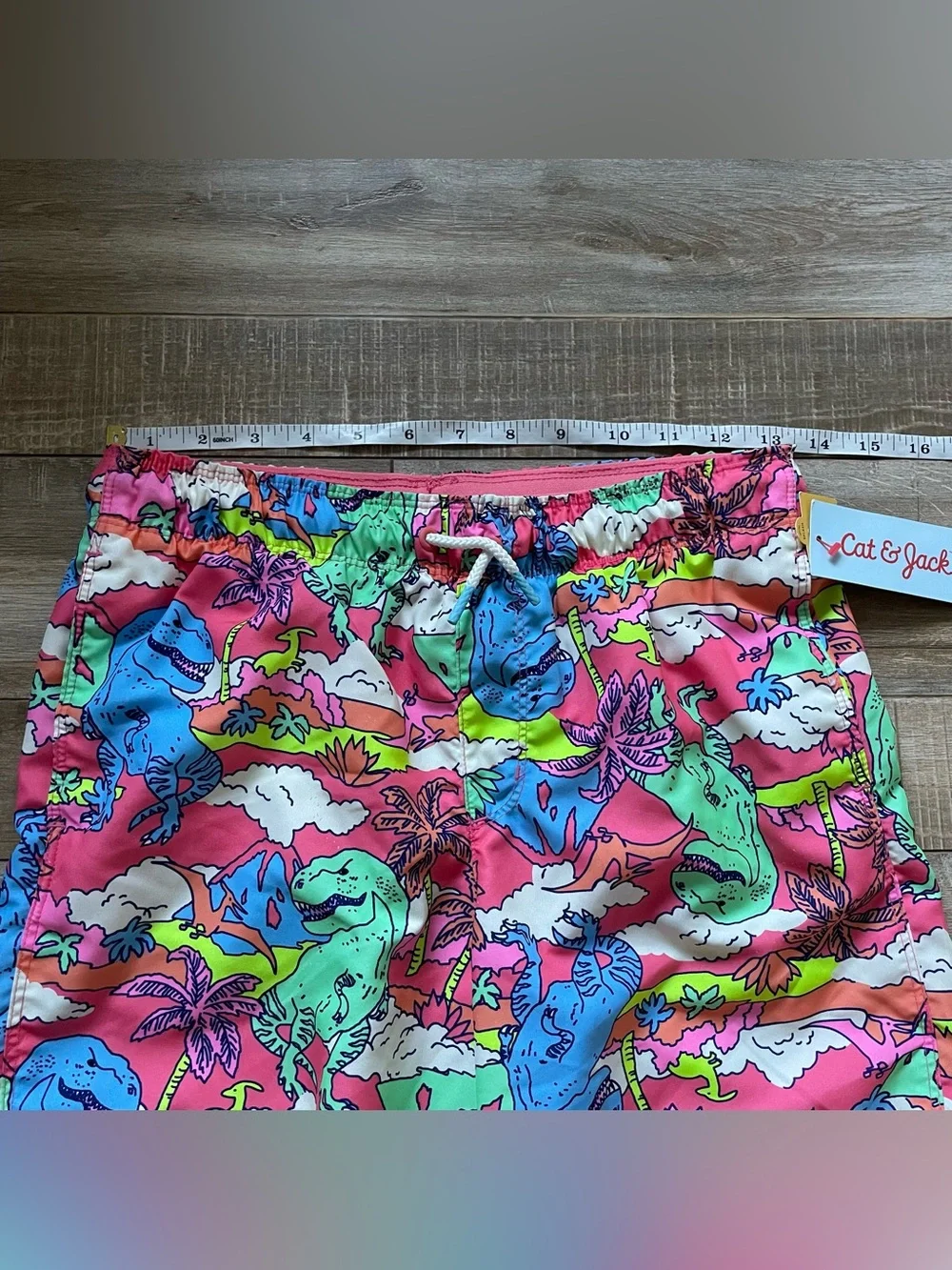 NWT Cat & Jack Boys XL 14 Dinosaur Swim Trunks Pink Tropical UPF 50+ Beach
